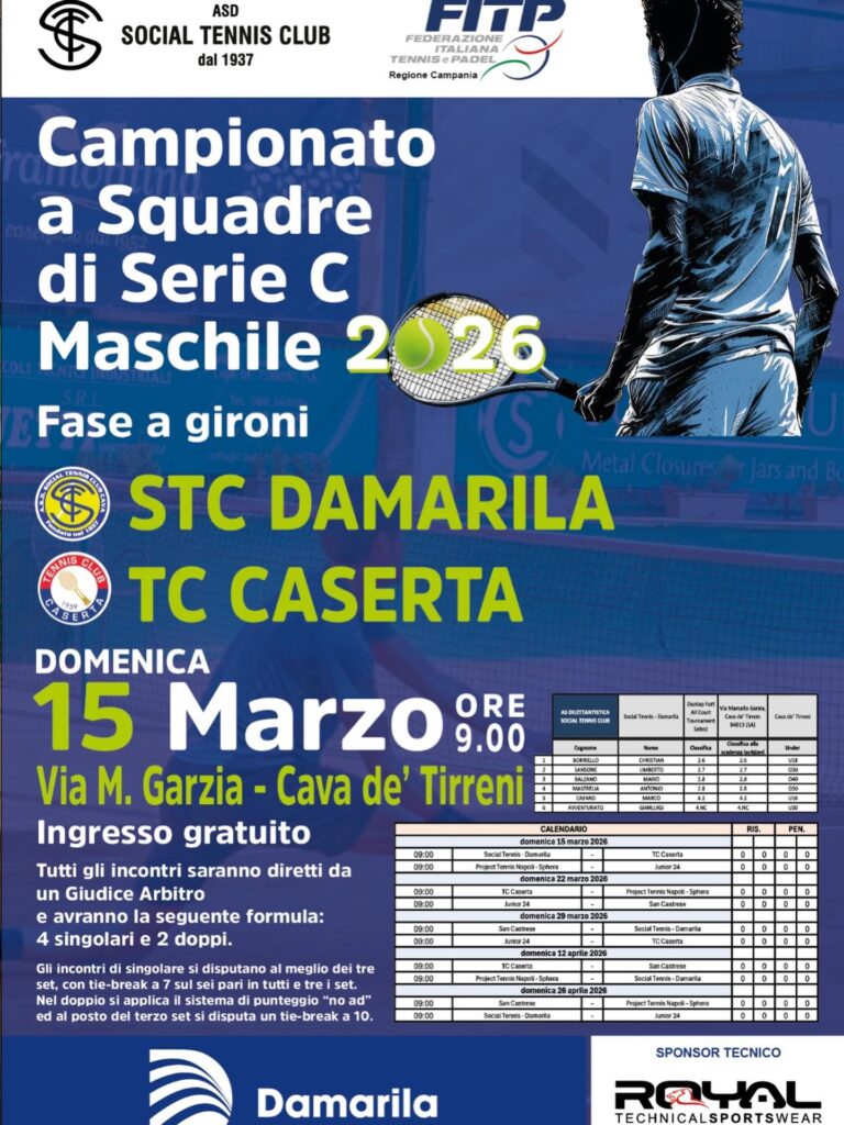 Serie C Maschile: il 15 marzo a Cava de’ Tirreni il match STC Damarila – TC Caserta